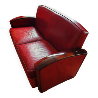 Art deco club sofa in solid burr walnut leather