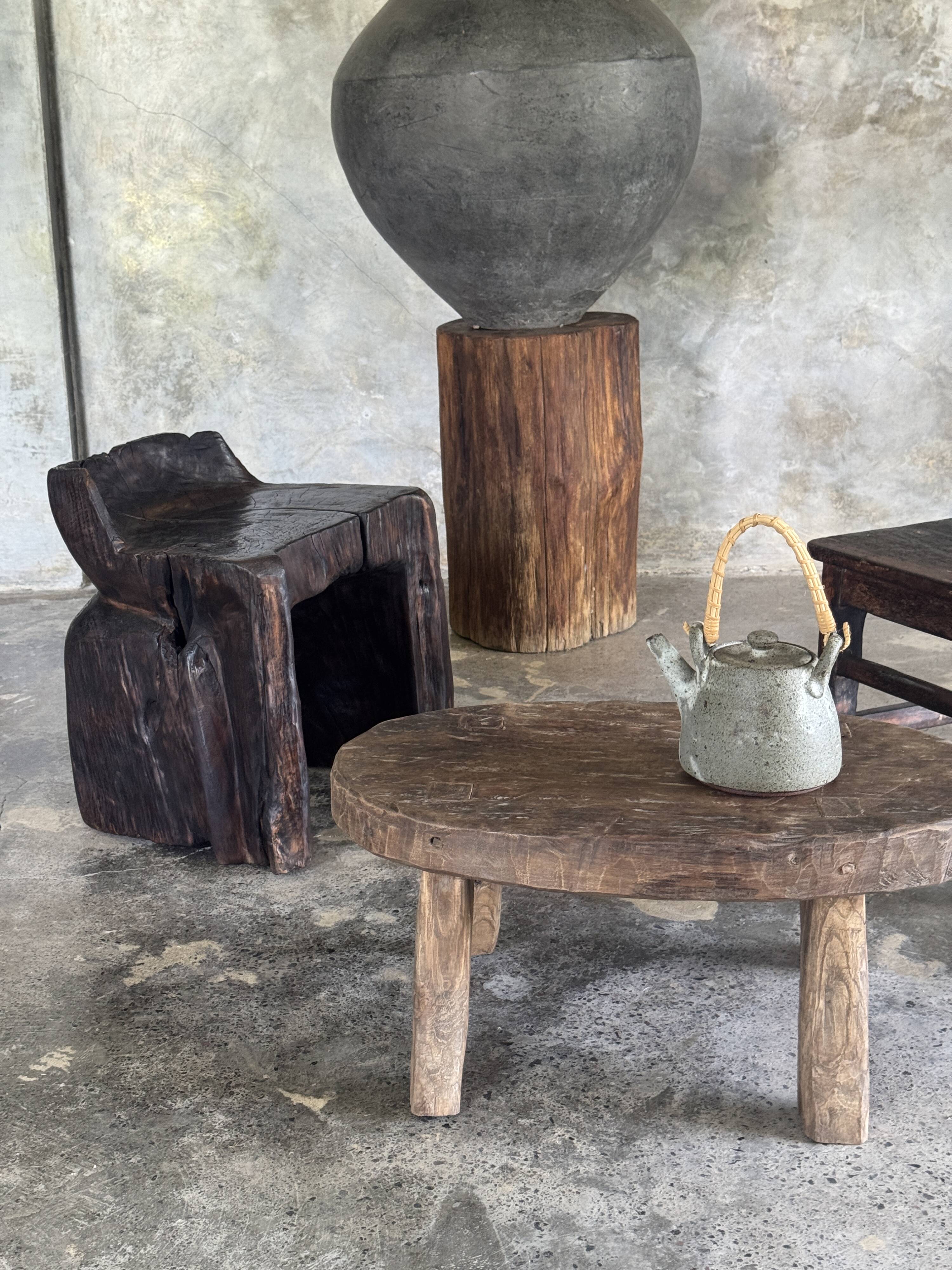 Small stool or small oval side table in solid teak wabi-sabi H24 53