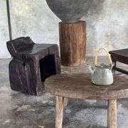Small stool or small oval side table in solid teak wabi-sabi H24 53