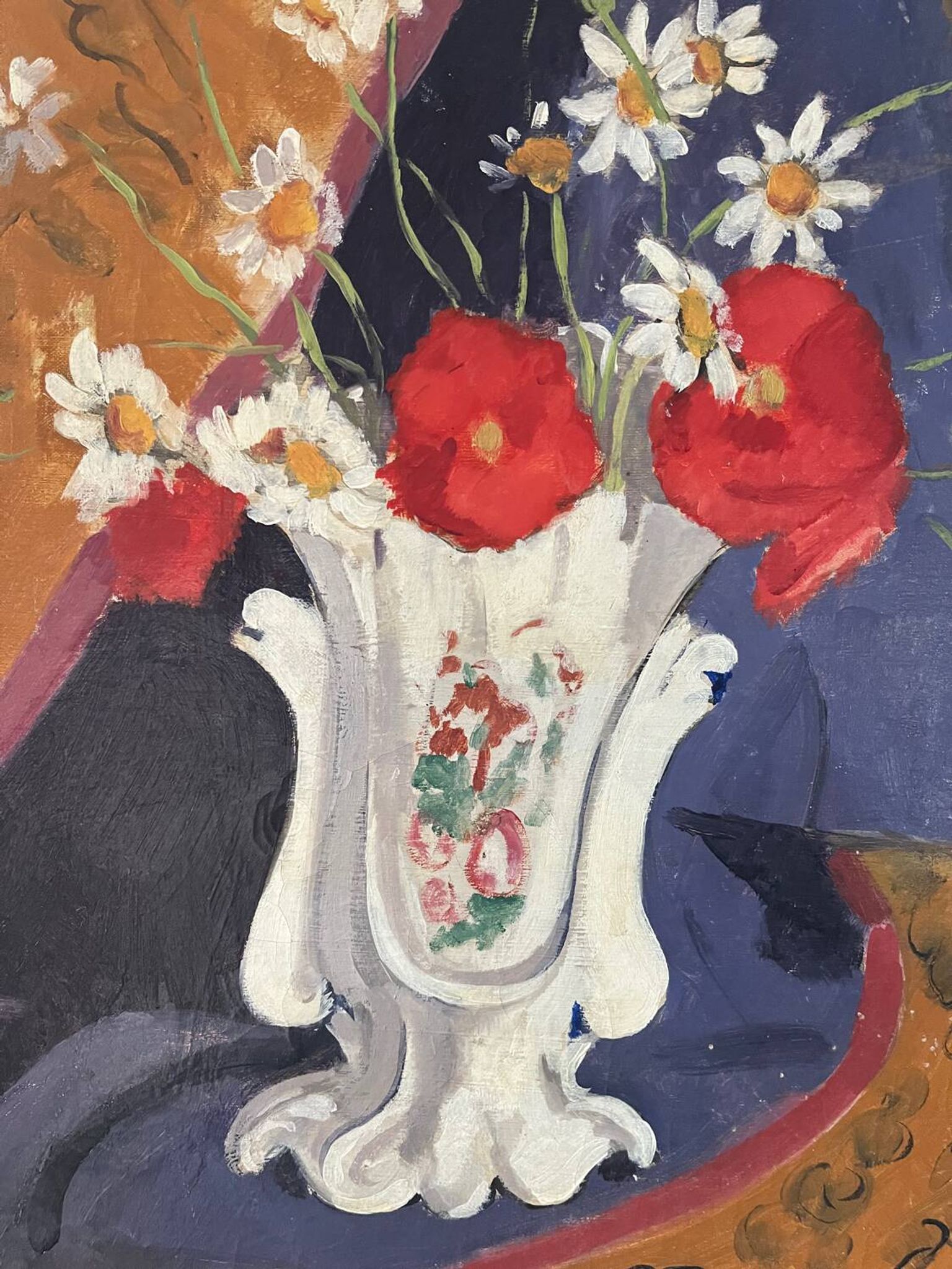 Coquelicots et marguerites, huile sur toile, signé L Riousset