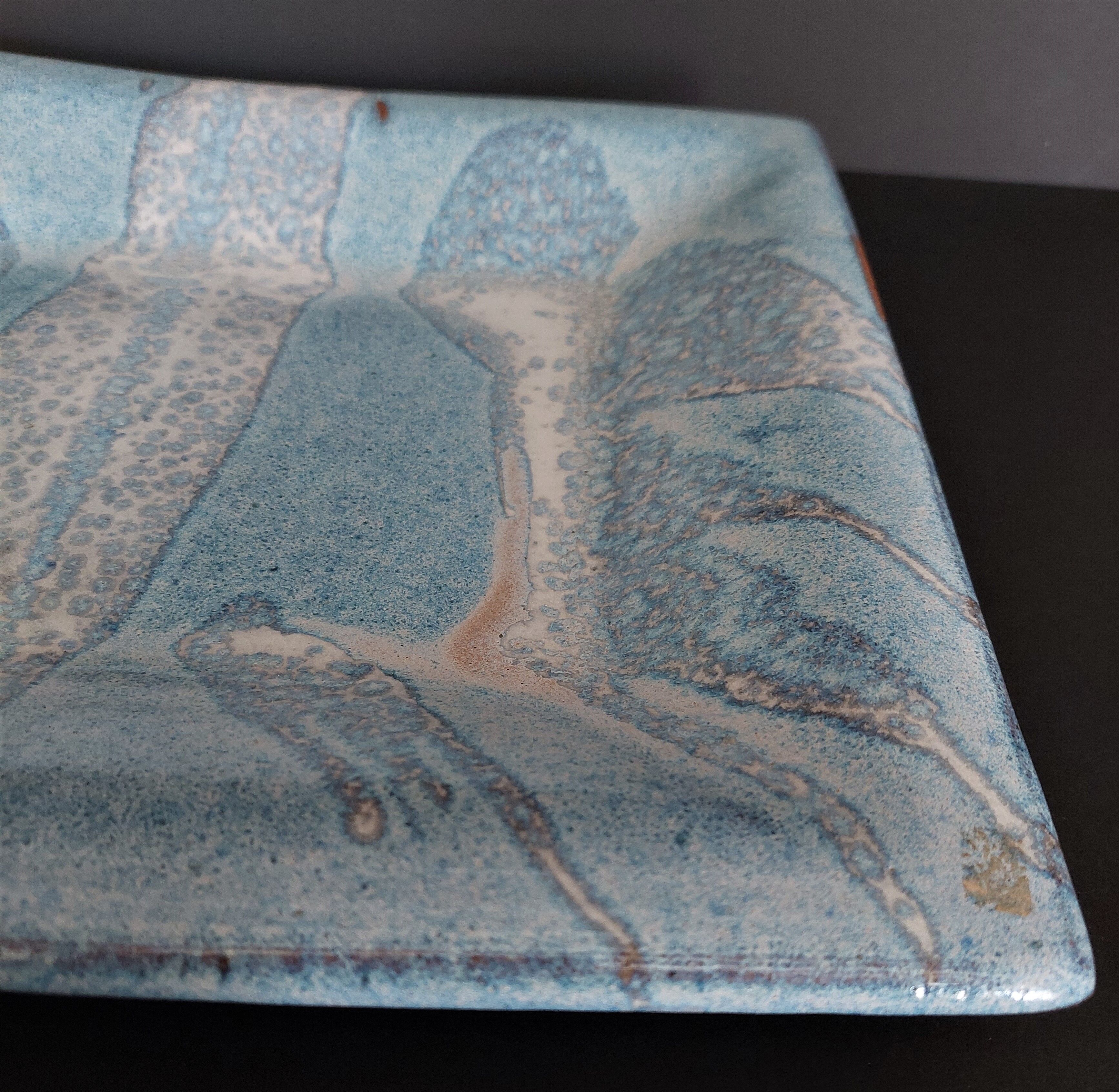 Rectangular dish glazed terracotta ceramic XXth signature