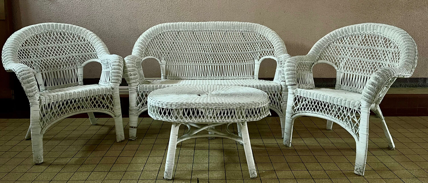 Salon de jardin en osier et rotin blanc