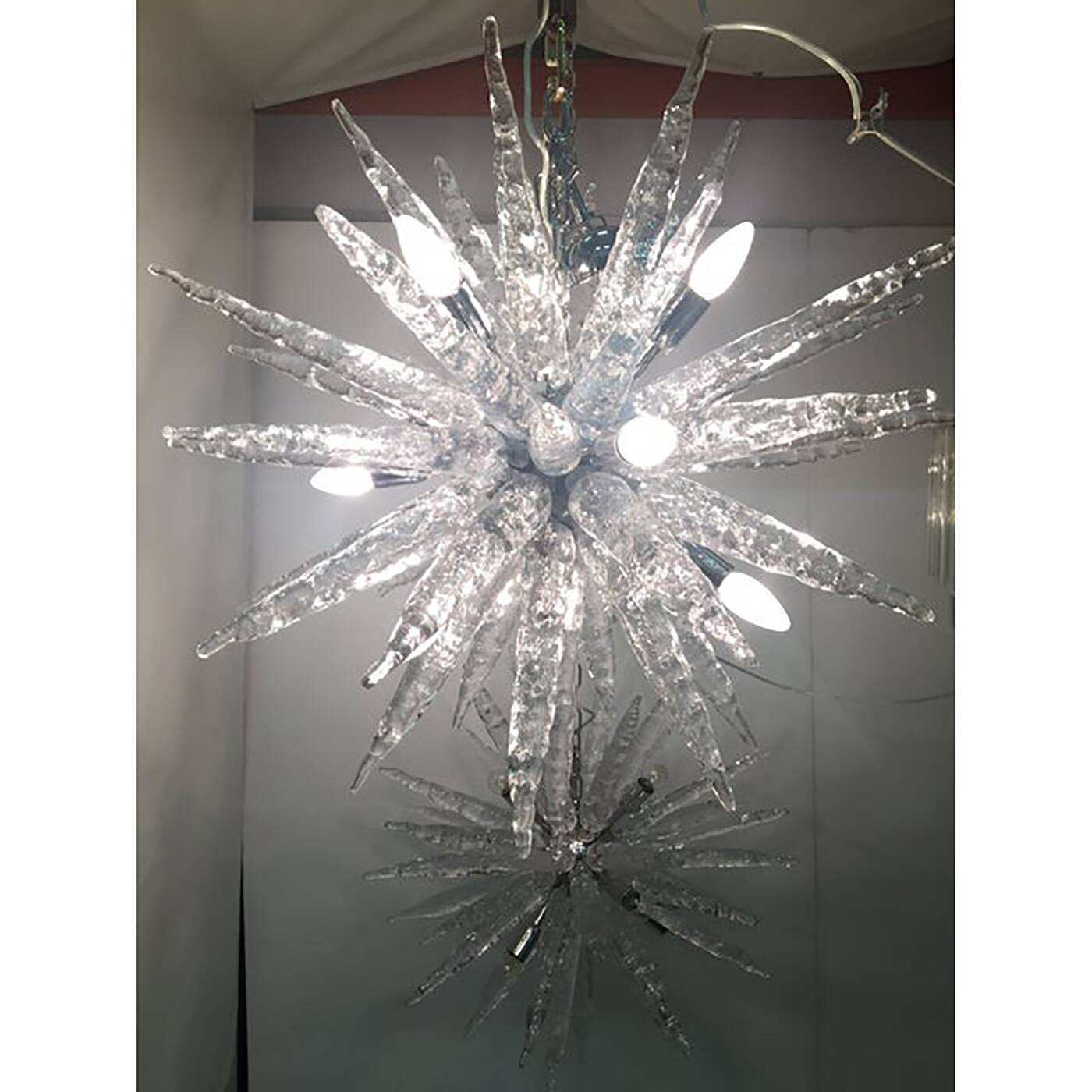 Set of 2 Murano Glass Ice Clear Sputnik Italian Chandelier