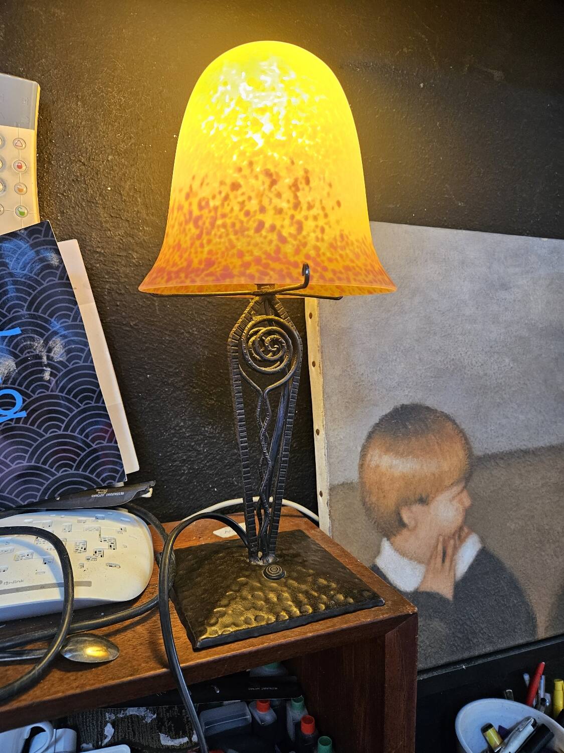 Antique art deco metal and glass lamp