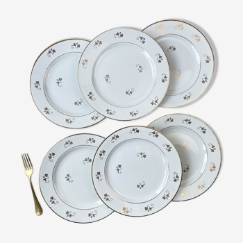 6 L'Amandinoise flat plates in golden white porcelain floral pattern