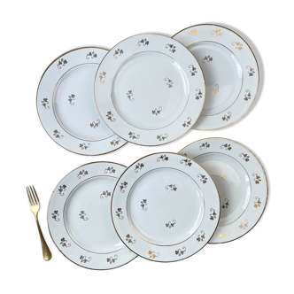 6 L'Amandinoise flat plates in golden white porcelain floral pattern