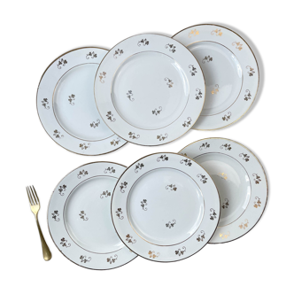 6 assiettes plates L’Amandinoise en porcelaine blanche dorées motif fleuris