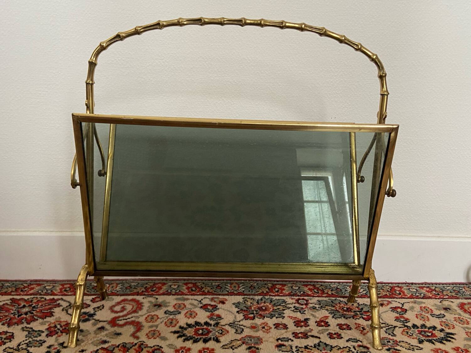 Maison Baguès Style Brass and Faux Bamboo Glass Magazine Rack, 1960s
