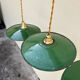 Trio of vintage pendant lights in green and white enameled sheet metal, industrial farmhouse decor