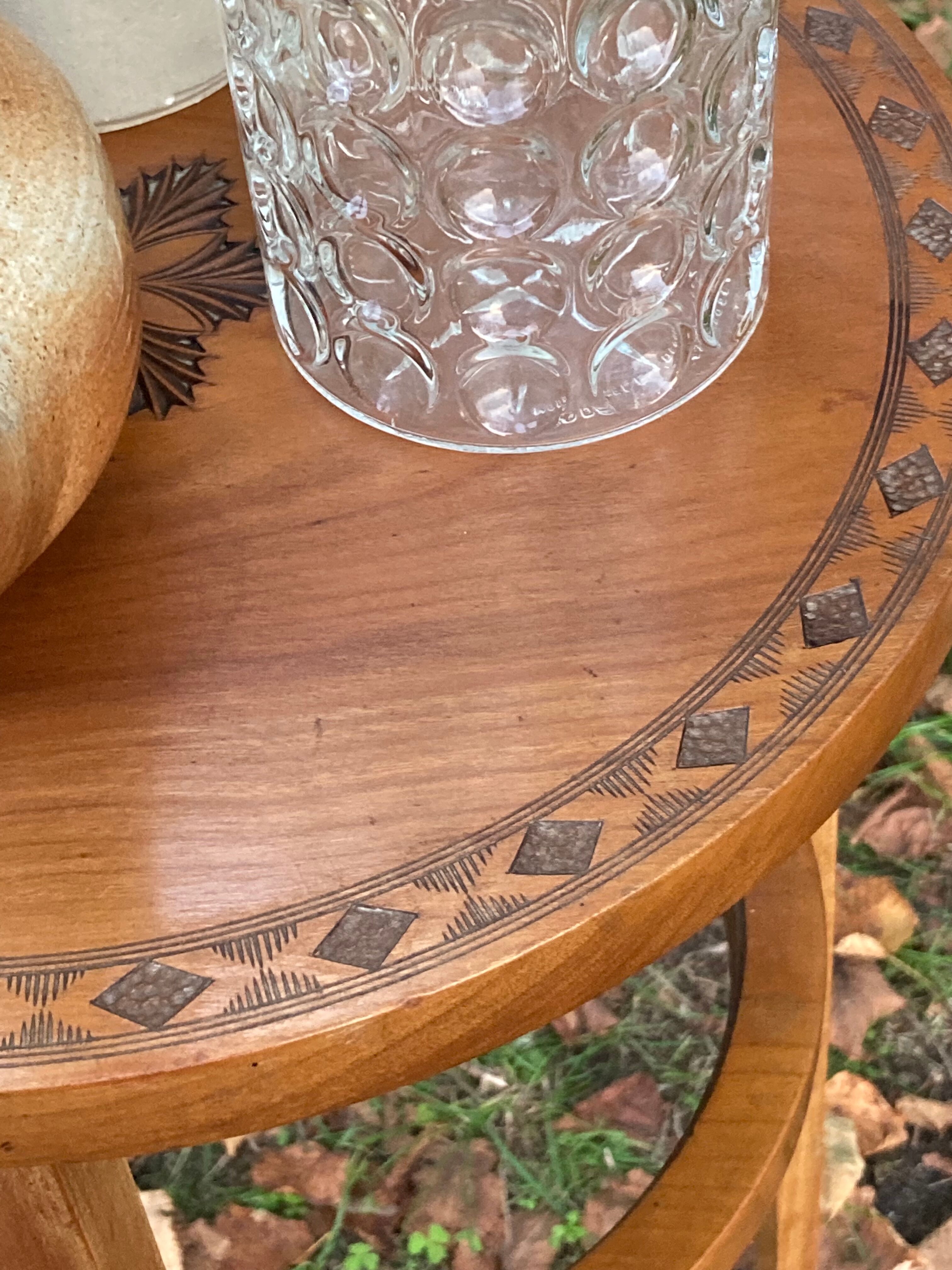 Art Deco Wooden Pedestal Table Carved with Star / Antique Side Table 1930