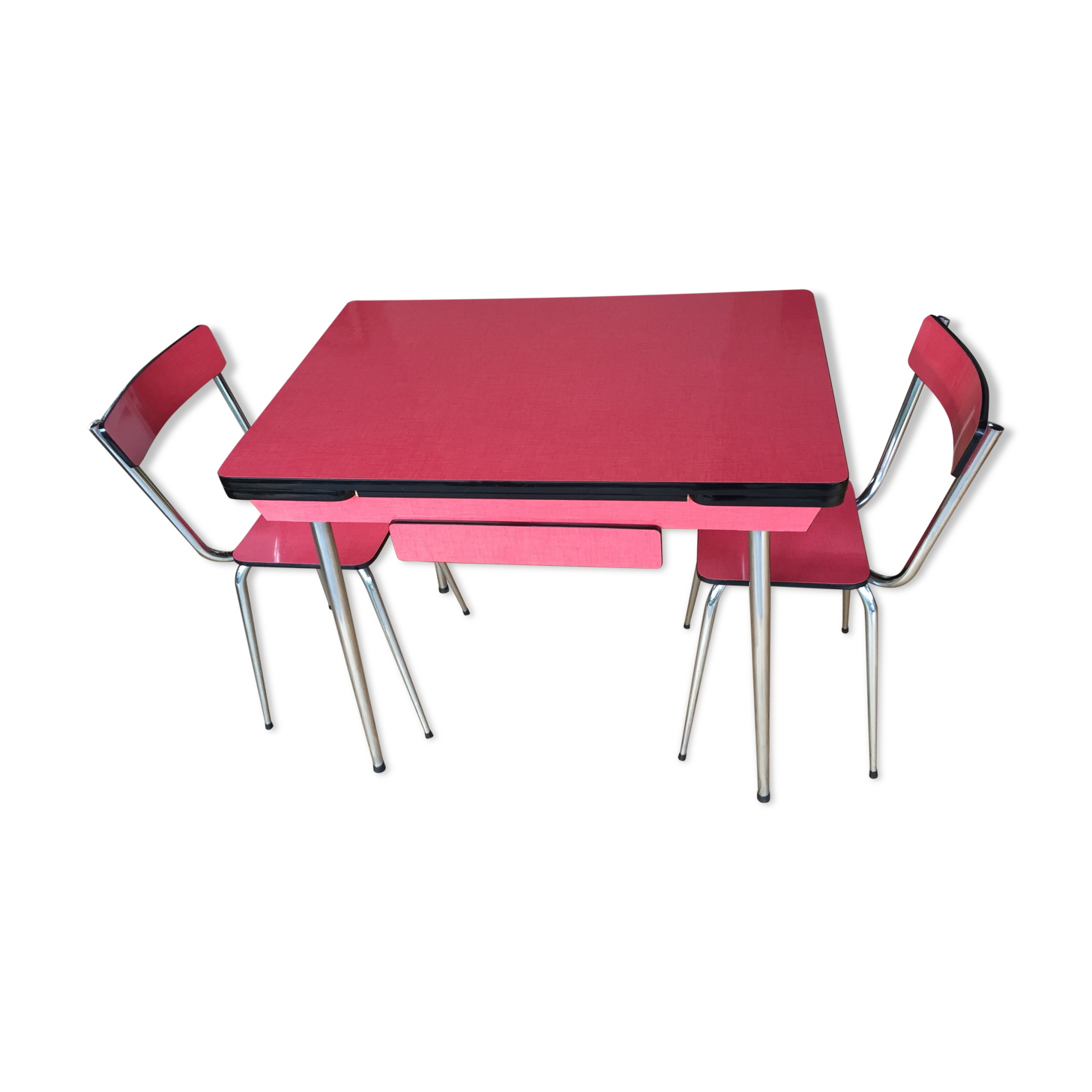 Table set and 2 vintage vintage pale red formica chairs