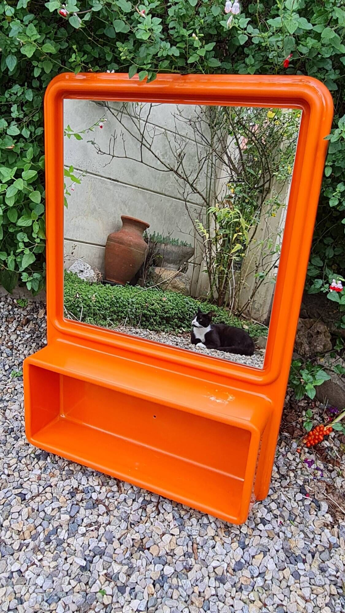 Vintage orange sixties molded plastic shelf mirror no shipping
