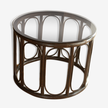 Table d’appoint ronde en rotin de bambou avec plaque de verre fumé, vintage