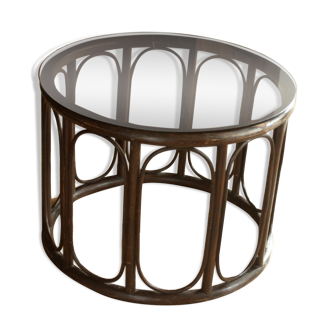 Round side table, coffee table made of rattan, bamboo, wood with smoked glass plate, vintage