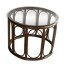 Table d’appoint ronde en rotin de bambou avec plaque de verre fumé, vintage