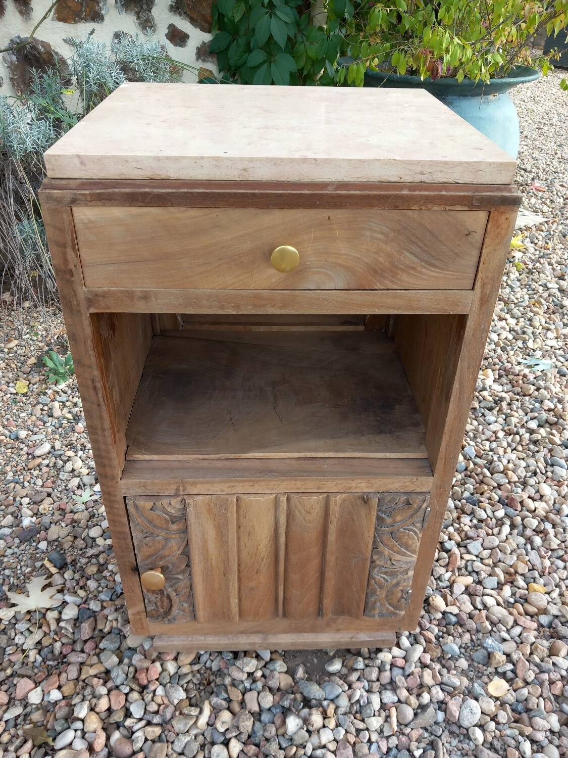 Petit meuble/chevet bois ancien et marbre rose
