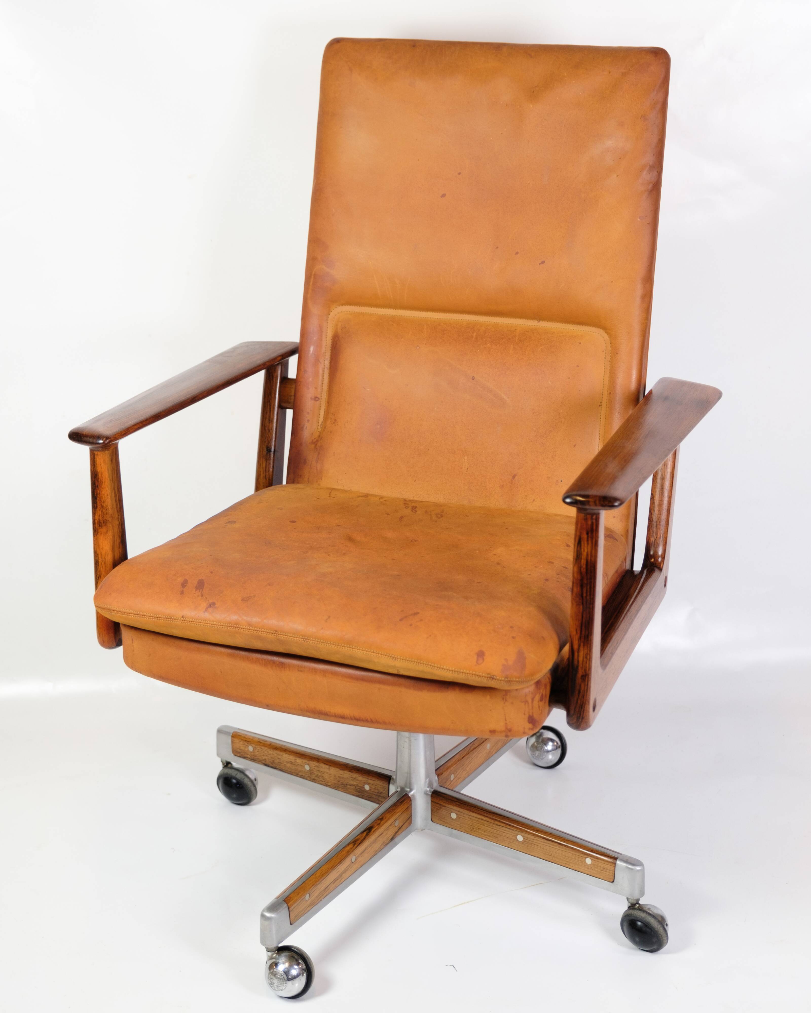 Office Chair Model 419 Made In Rosewood With Cognac Leather Seat By Arne Vodder For Sibast from 1960