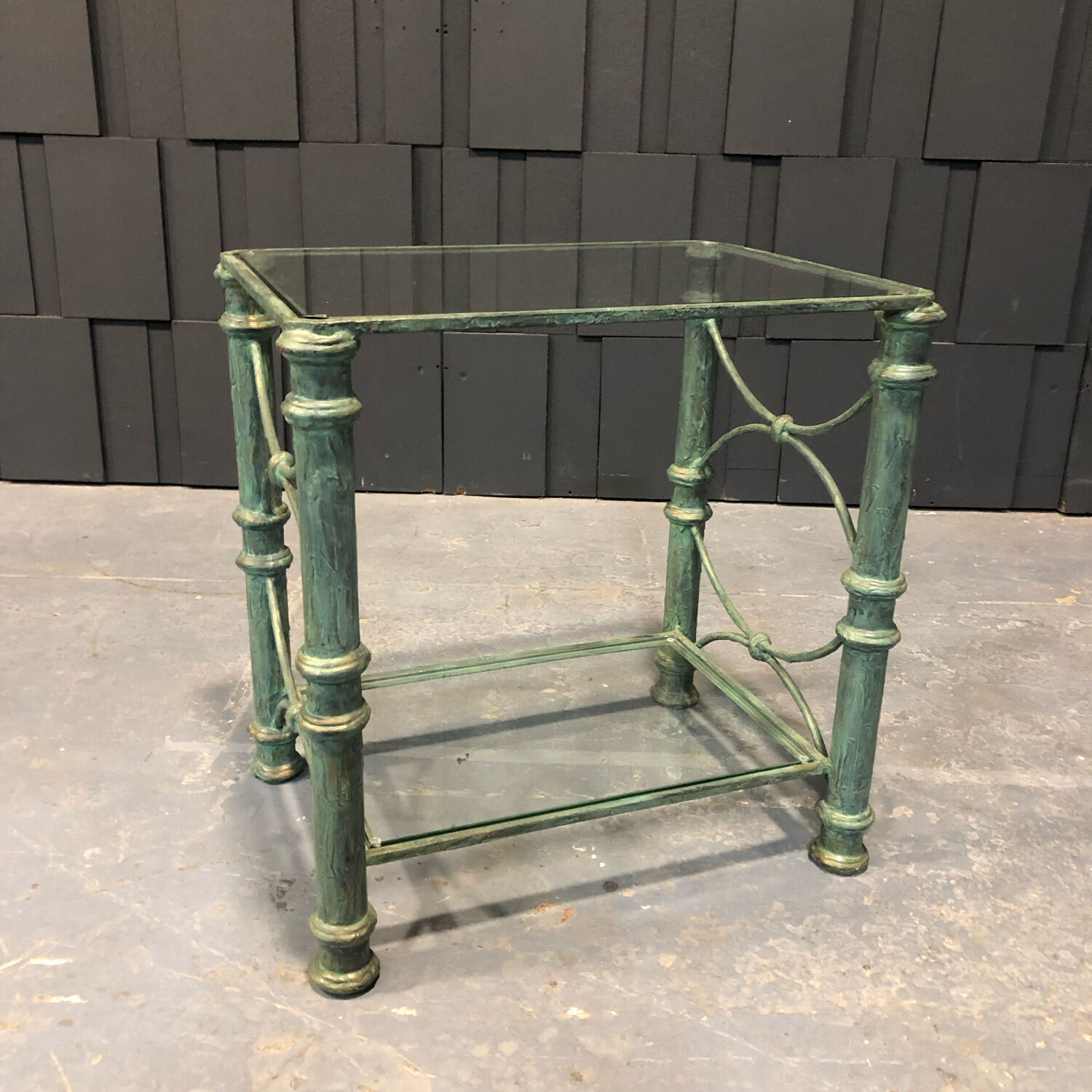 Iron and glass side table with antique patina