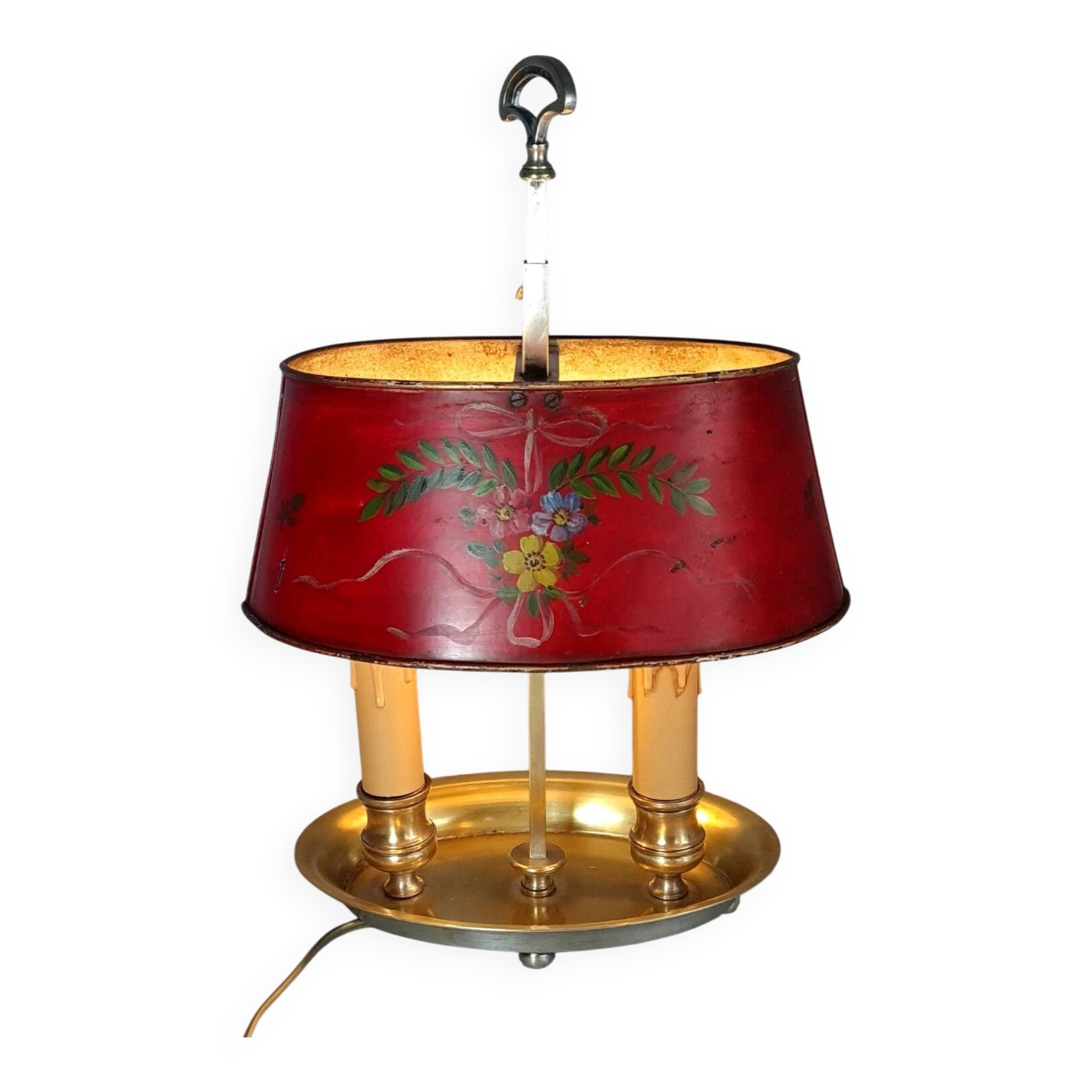Ancienne lampe bouillotte bronze & tôle peinte, électrifiée D083