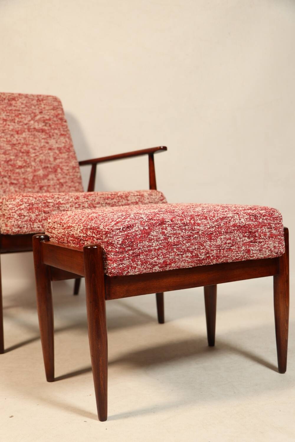 Vintage armchair and footrest red lobster Boho style fabric design by H.Lis 300-190 model