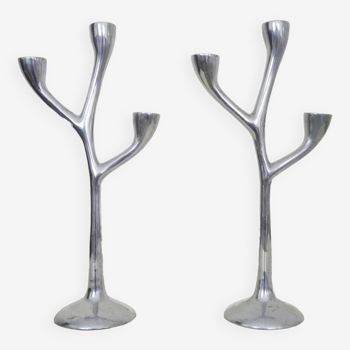 Pair of Italian "Tree" candlesticks in cast aluminum from the 80s