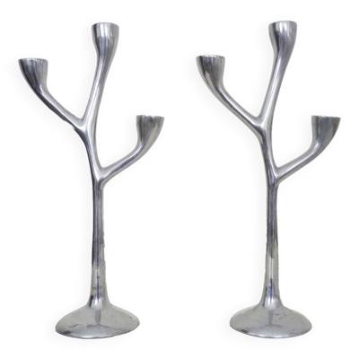 Paire de bougeoirs italiens ''Arbre'' en fonte d'aluminium années 80