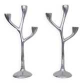 Paire de bougeoirs italiens "Arbre" en fonte d'aluminium années 80