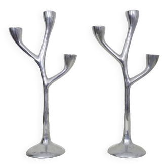 Paire de bougeoirs italiens "Arbre" en fonte d'aluminium années 80