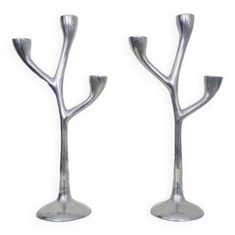 Pair of Italian "Tree" candlesticks in cast aluminum from the 80s