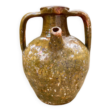 Ancient oil jar in glazed terracotta, khaki green, Auvergne, Lezoux