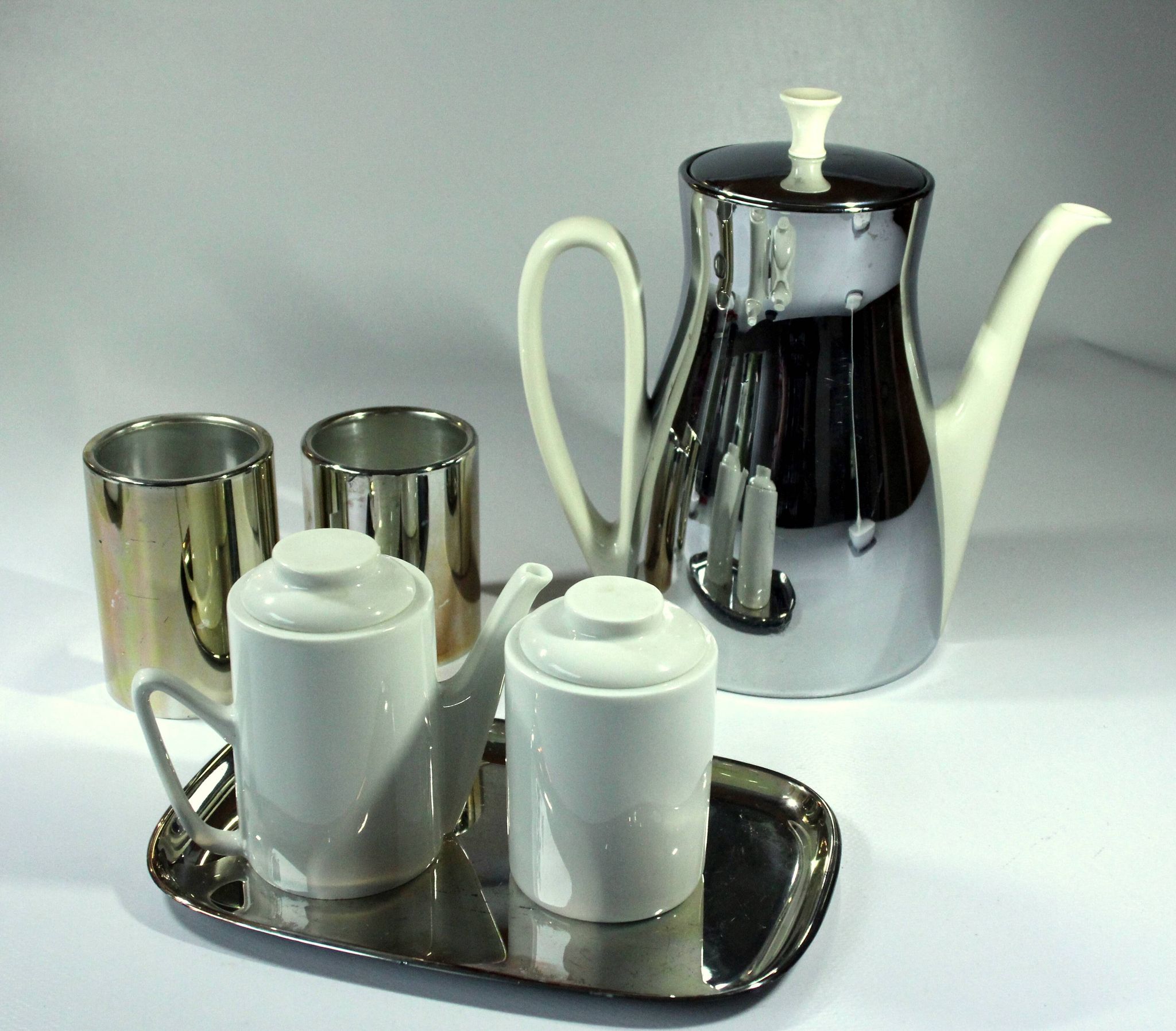 Coffee pot with metal isolated warming hood as a set with milk jug and sugar bowl, Vintage