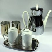 Coffee pot with metal isolated warming hood as a set with milk jug and sugar bowl, Vintage
