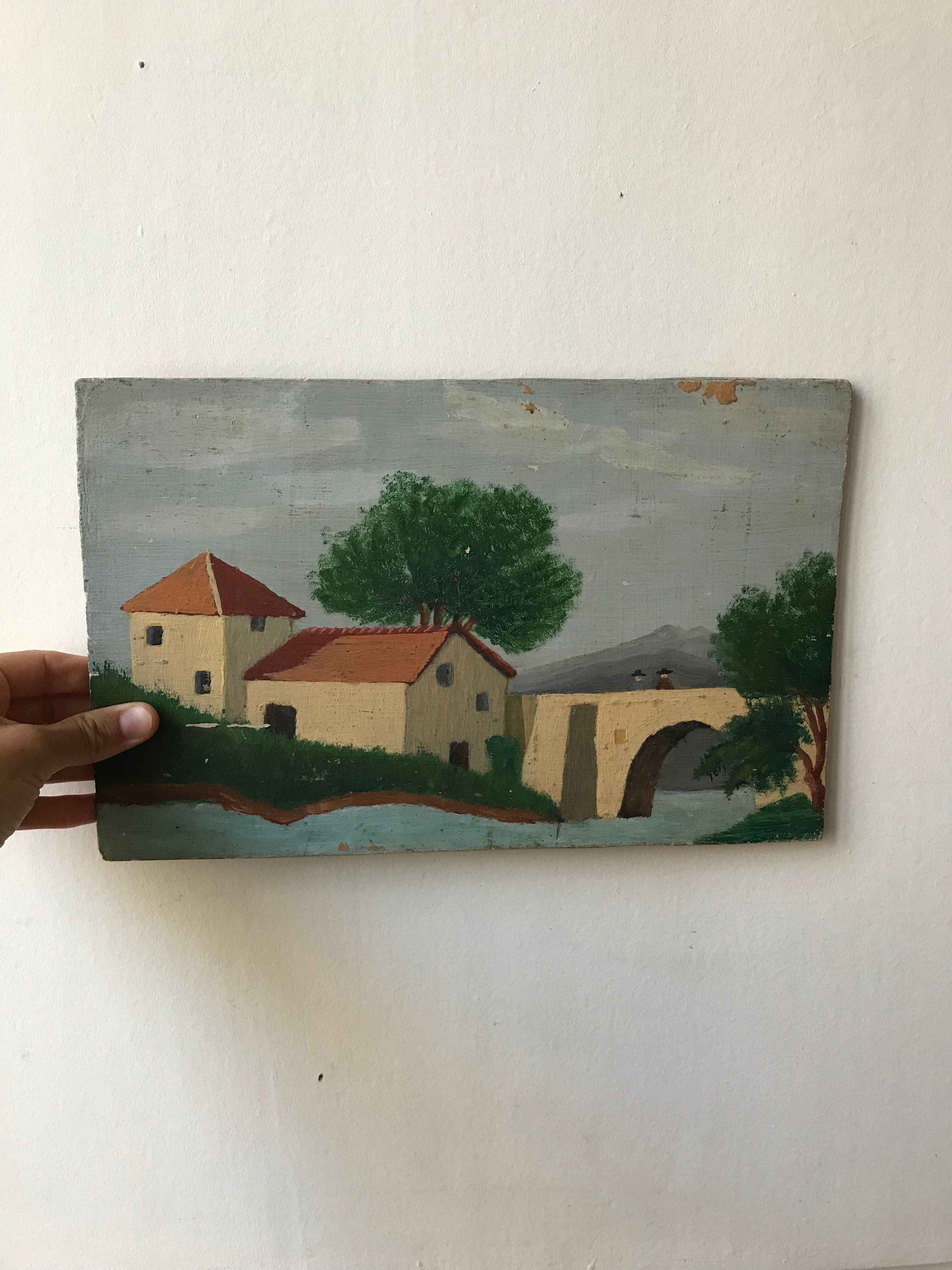 Painting oil old naïve landscape