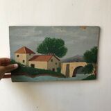 Peinture huile ancienne paysage naïf
