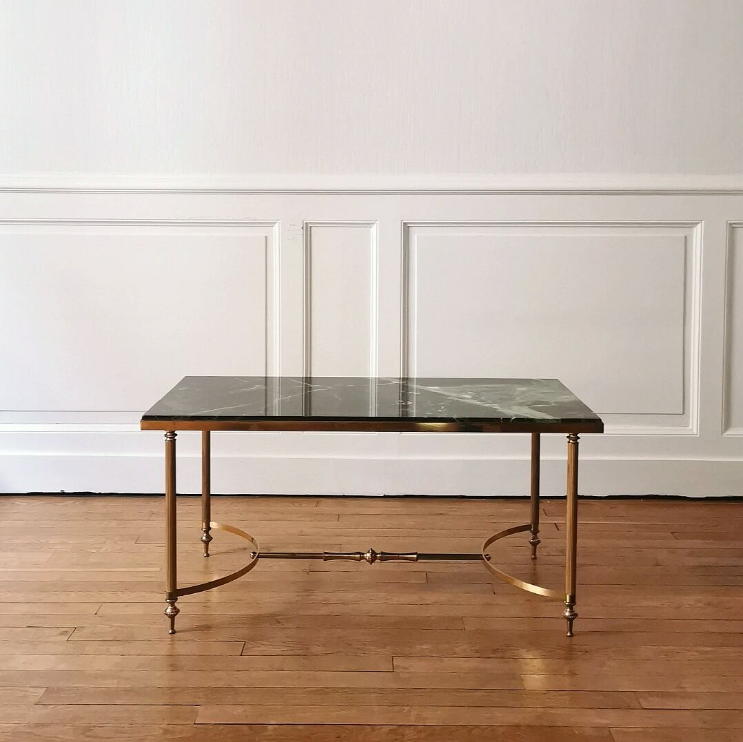 Neoclassical coffee table with Alpine green marble and brass, 1960s/70s.
