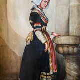 Tableau, huile sur toile "Portrait de jeune femme en costume traditionnel" XIXème s.