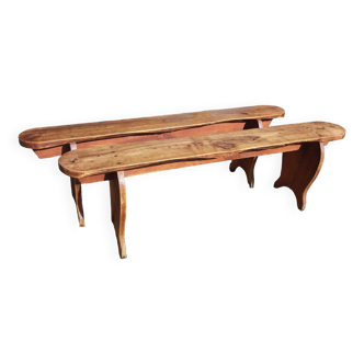 Pair of old solid wood school benches