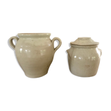 2 enamelled sandstone pots