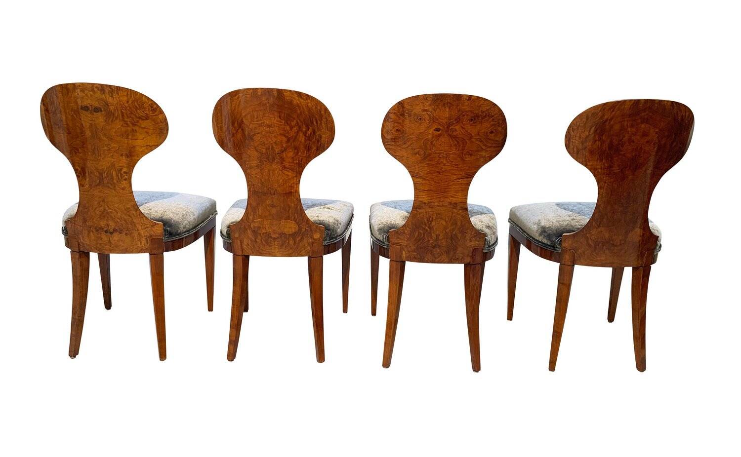 Biedermeier Ballon Chairs, Ash Veneer, Grey Velvet, Vienna, 1900, Set of 4