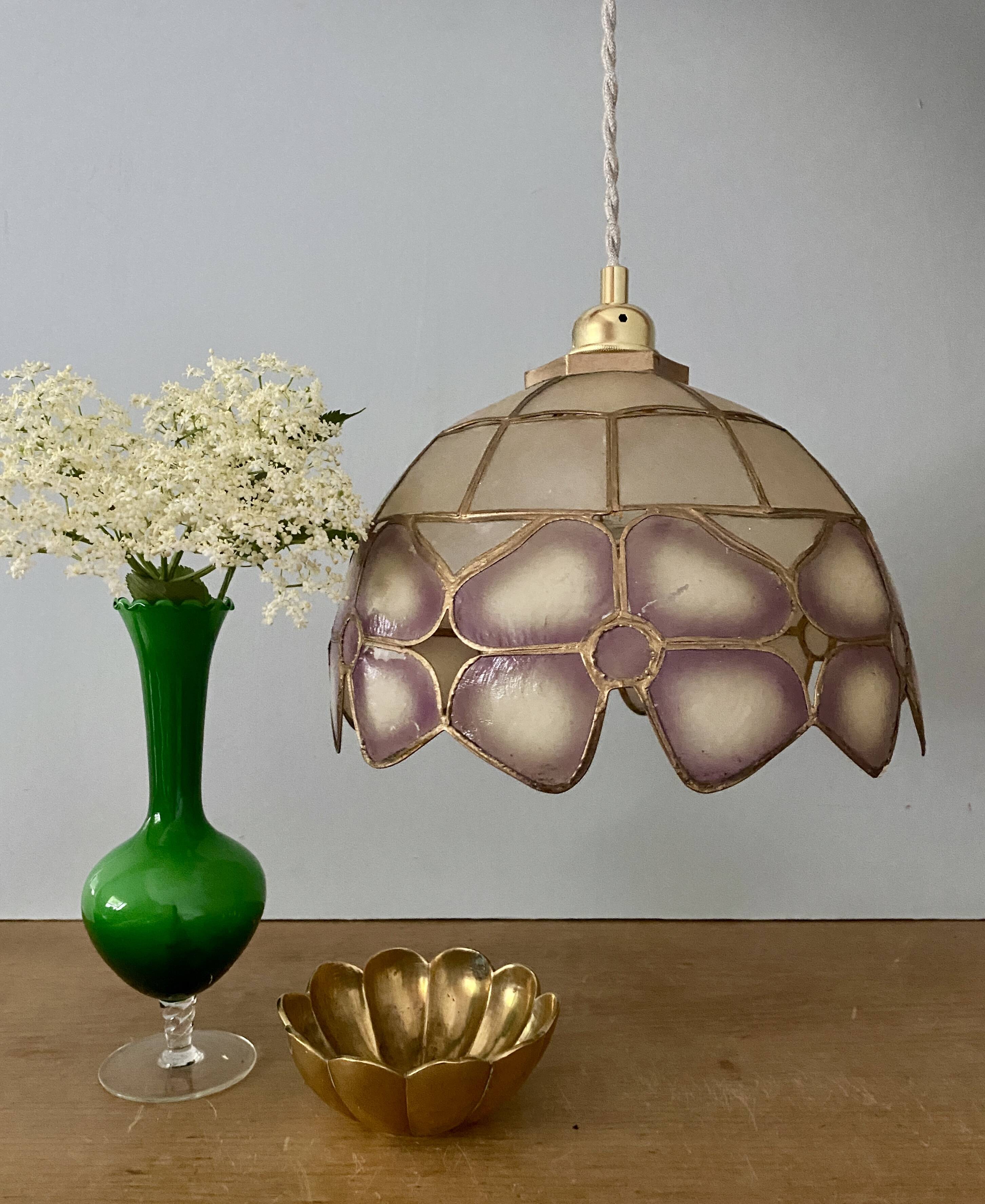 Vintage mother-of-pearl and brass lampshade pendant light