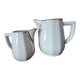 2 white porcelain milk jugs with platinum trim, Flora by Apilco.