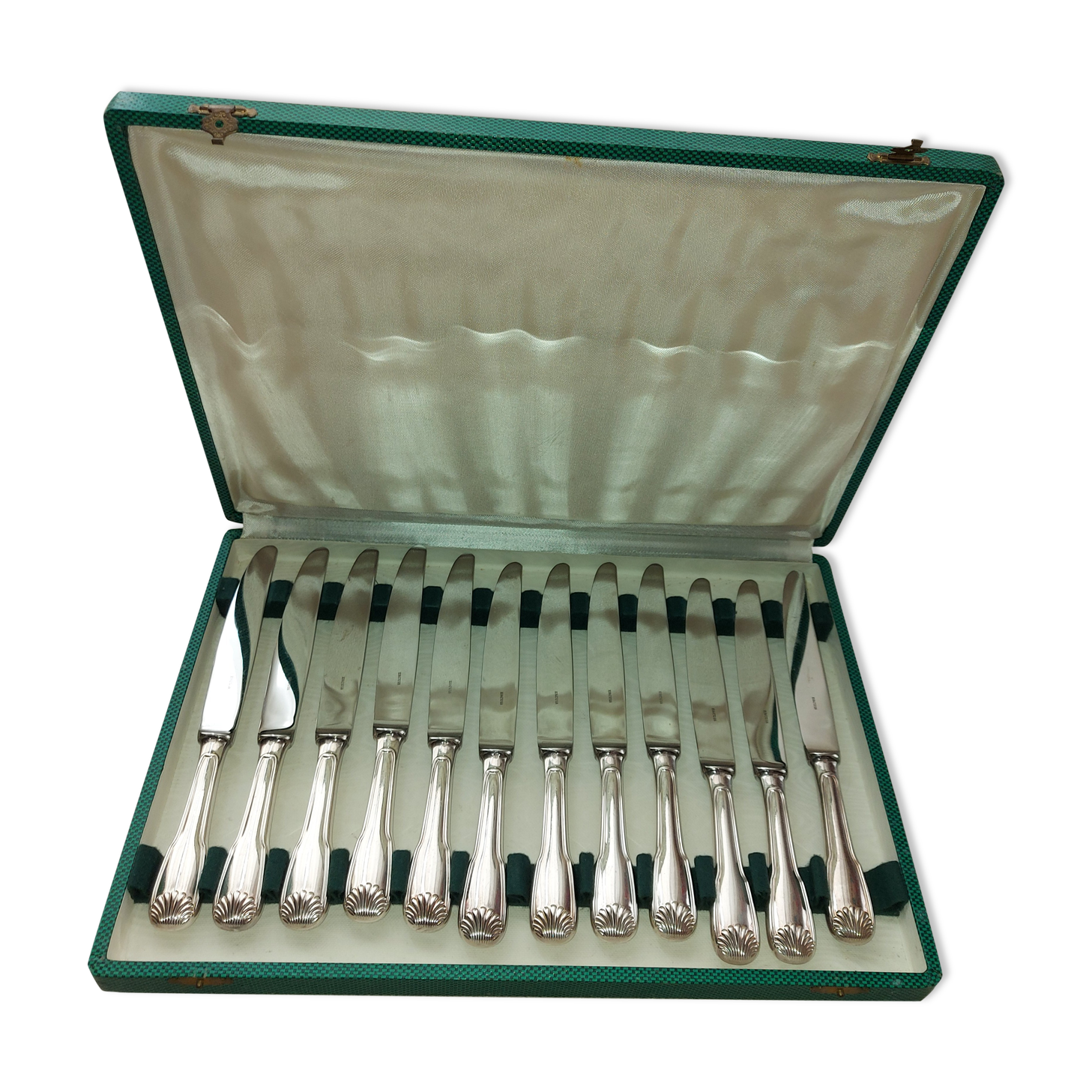 12 Silver Metal Ercuis Table Knives Box