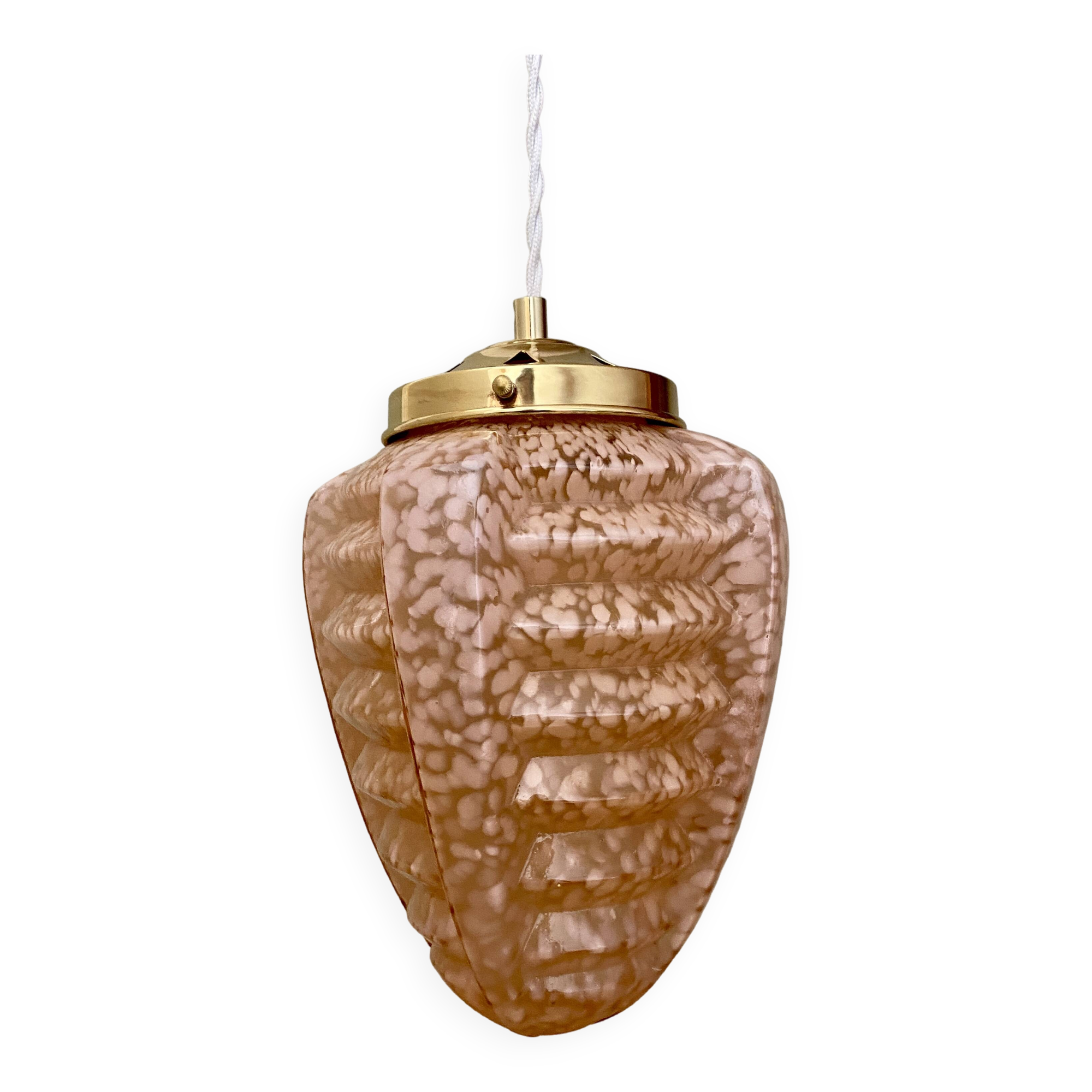 Vintage art deco globe pendant light in pink clichy glass