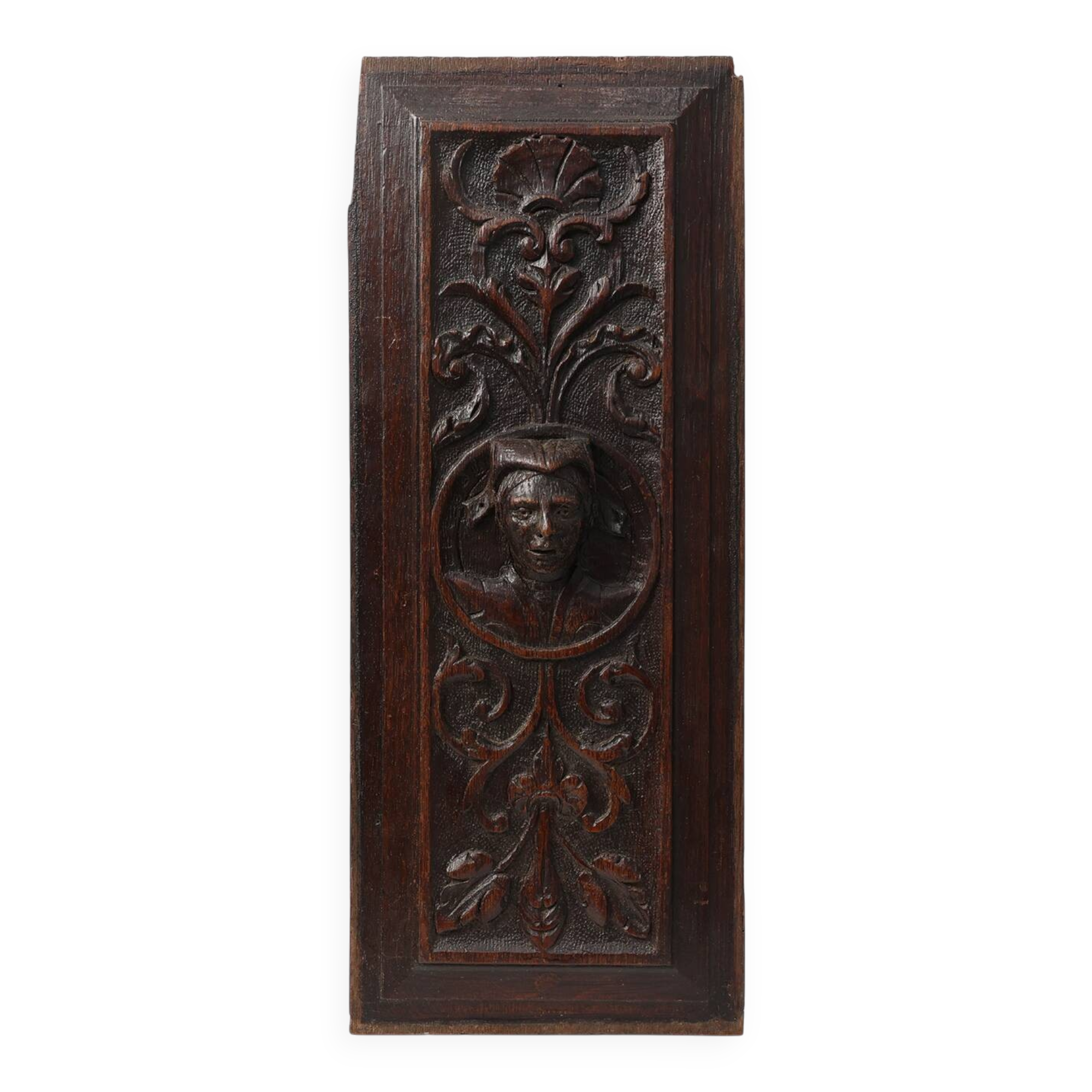 Flemish Renaissance Carved Oak Panel with Female Portrait Medallion