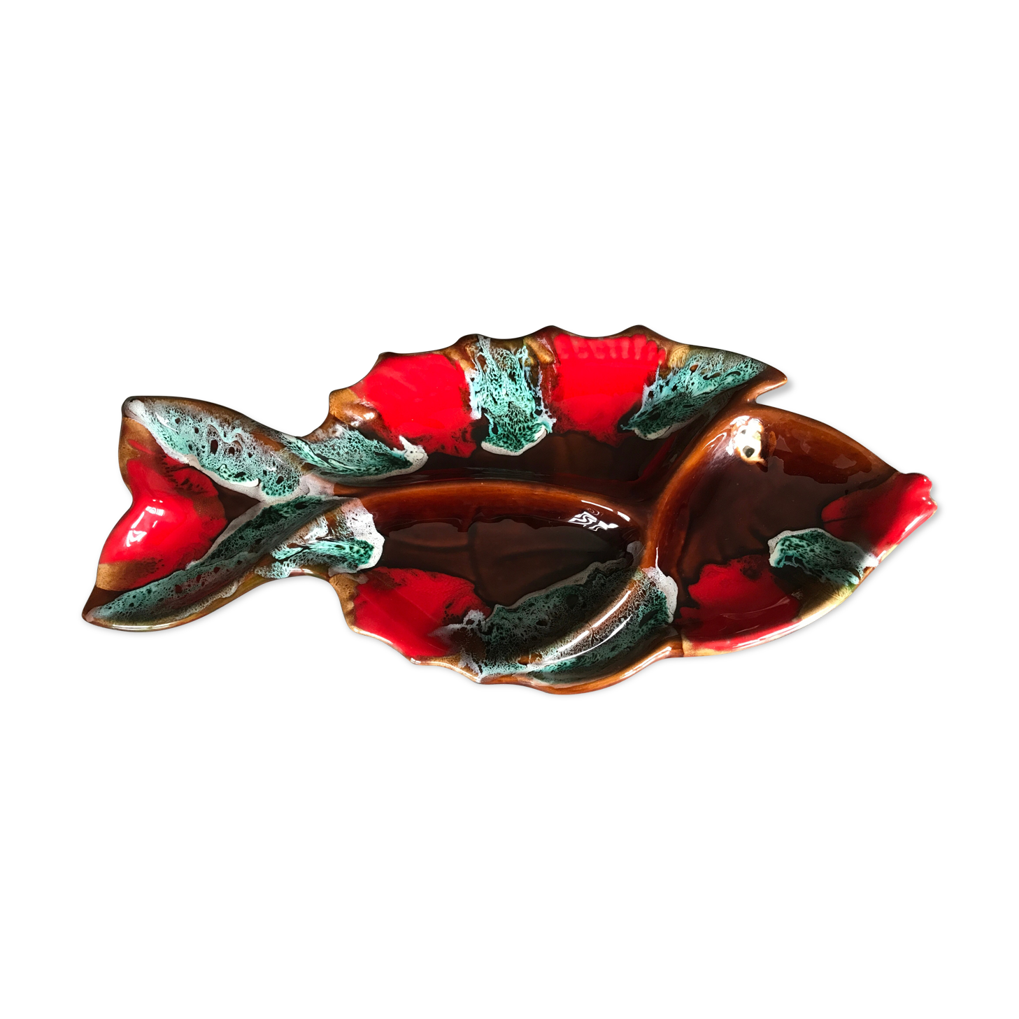Vallauris compartmentalized dish fish shape polychrome ceramic 47 cm