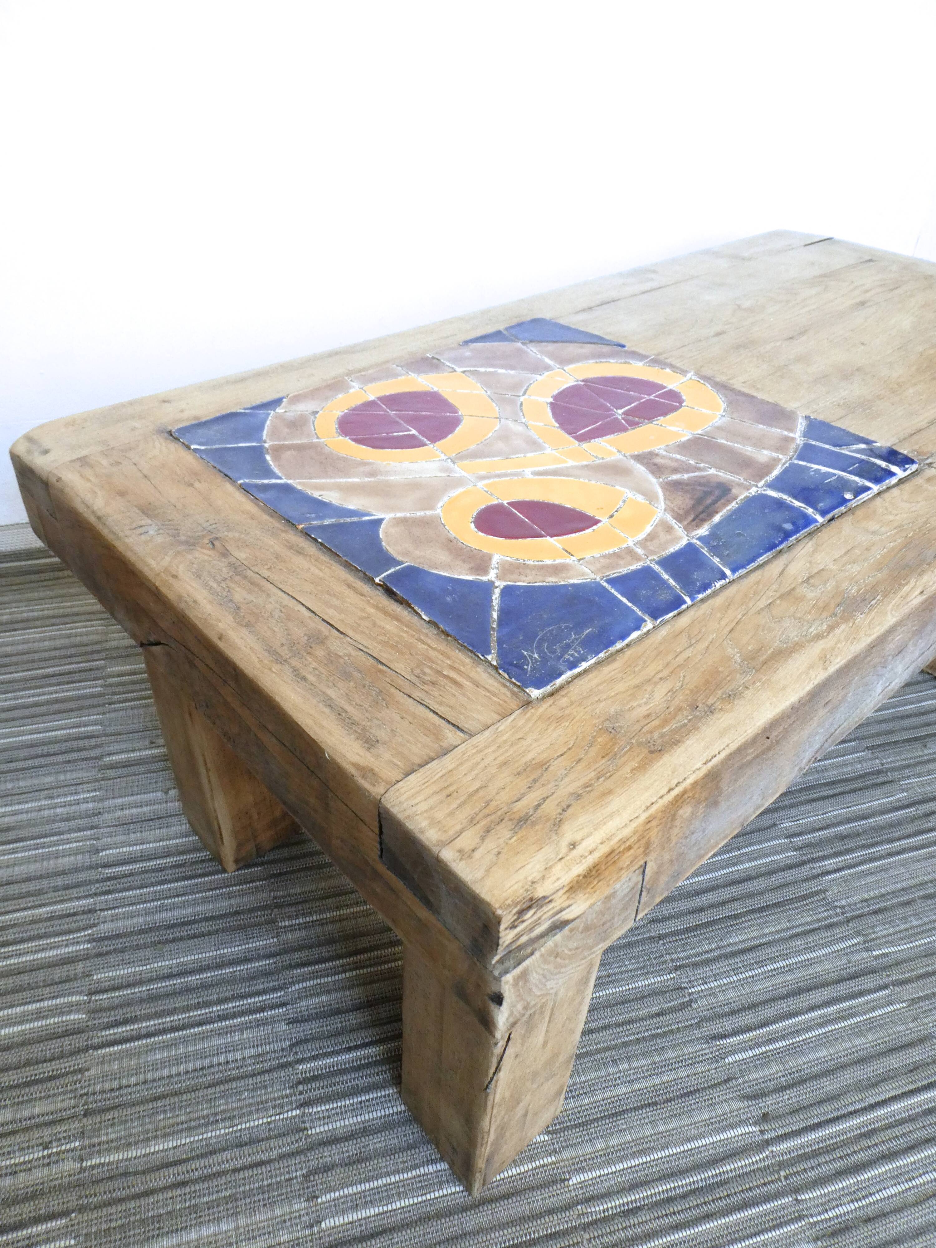 Solid wood and ceramic coffee table, 70s