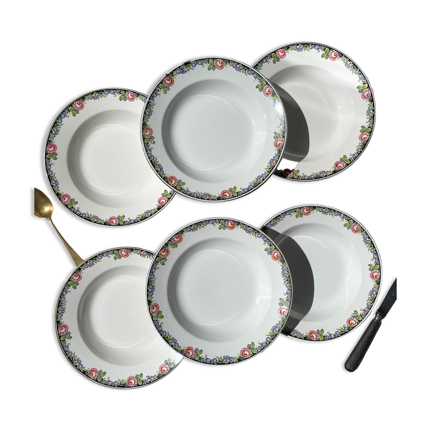 6 Digoin opaque porcelain soup plates with floral pattern "3984"