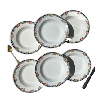 6 assiettes creuses en porcelaine opaque Digoin motif fleuris "3984"