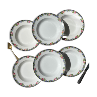 6 Digoin opaque porcelain soup plates with floral pattern "3984"