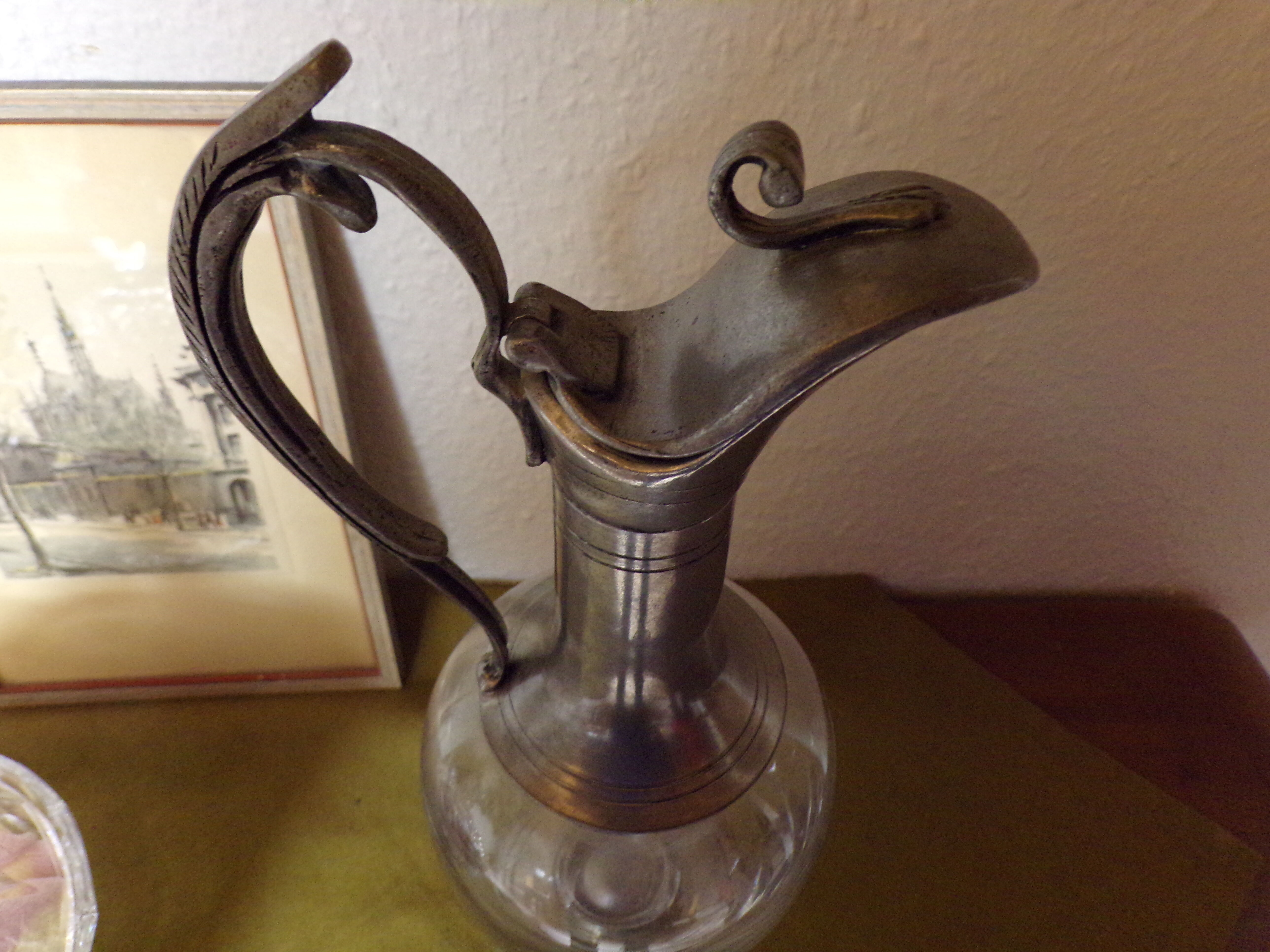 Tin ewer and vintage molded glass